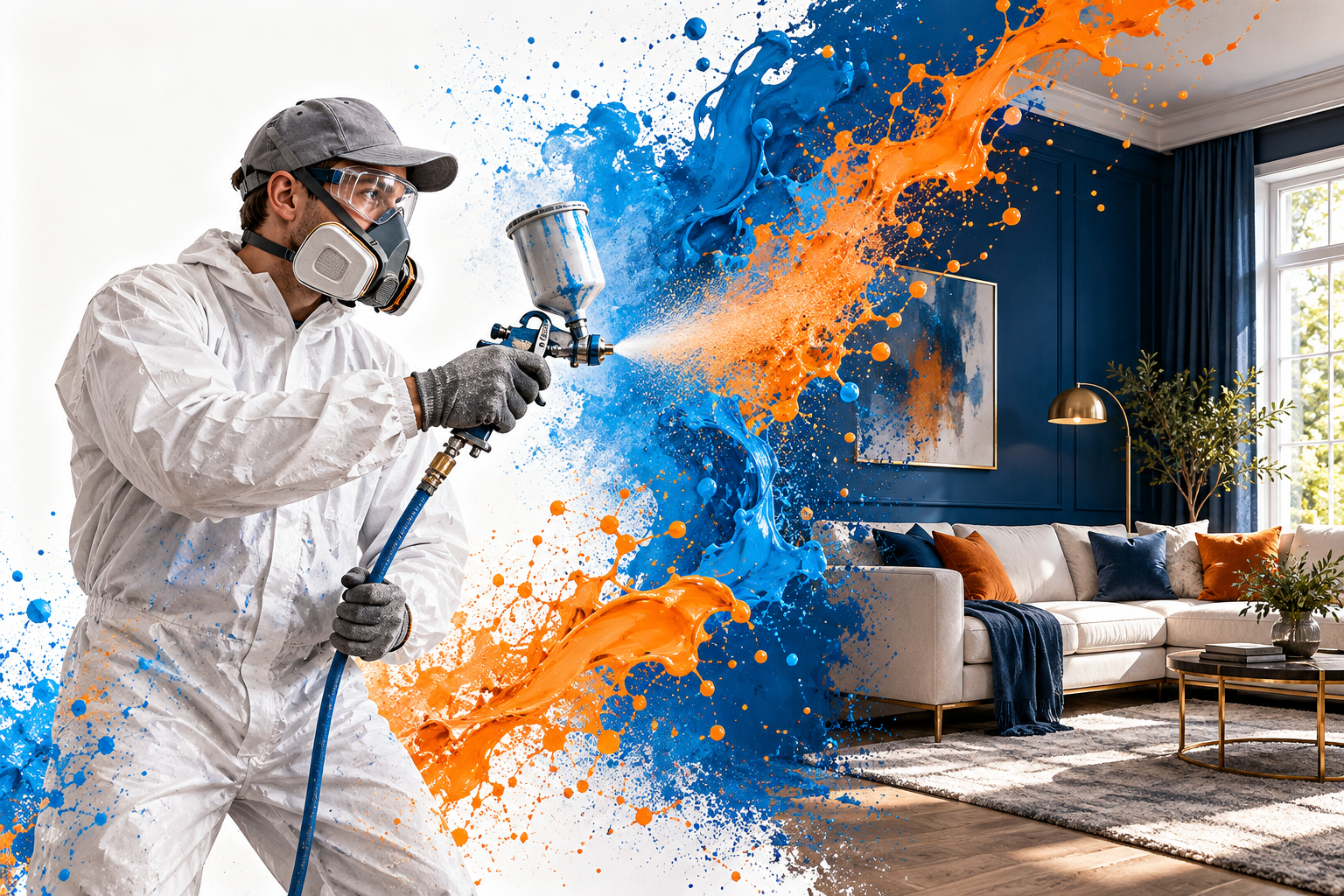 Illustration of a painter with a spray gun and blue and orange paint splashes